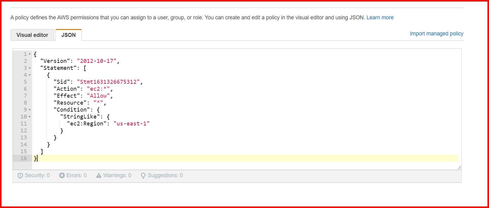 Picture showing the JSON tab pasted in the JSON tab while creating the policy